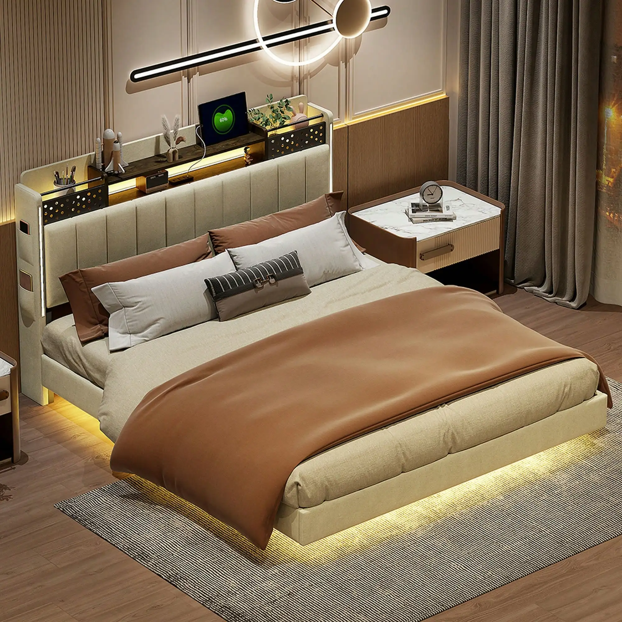 KOMHTOM Upholstered Bed 160 x 200 cm with LED and USB, with Headboard with Storage Space, Double Bed,Youth Bed,Floating Bed