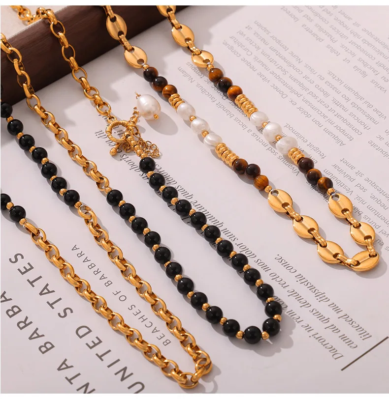 Frauen Edelstahl Halskette Süßwasser Perle Natursteine Schwein Nase Design lässig Kragen Kette Charme Schmuck – Detail 8