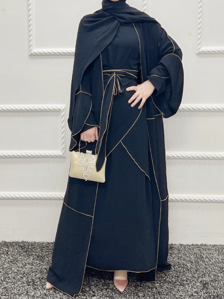 XL Dark Gray 3 Pieces Set Muslim Women Abaya Dress Solid Color