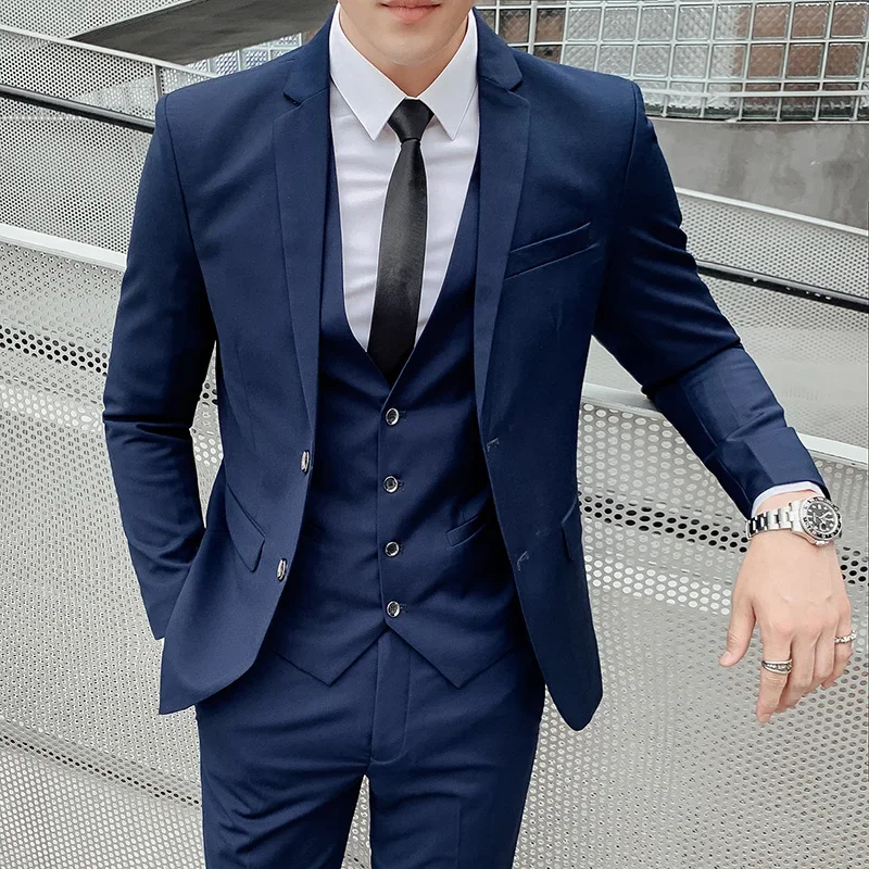 suit 6XL (Blazer+ Vest + Pants) Men's Fashion Casual Gentleman Slim Fit Work solid color outdoor Business wedding banquet suit