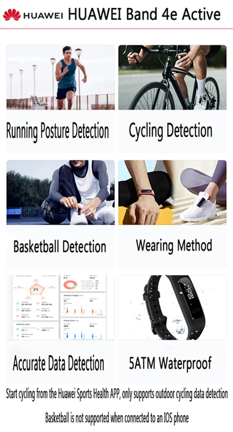 100%Original Product Huawei Band 4e Wristband Smart Bracelet Sport Band 50m Waterproof Fitness Tracker Message Call Notification