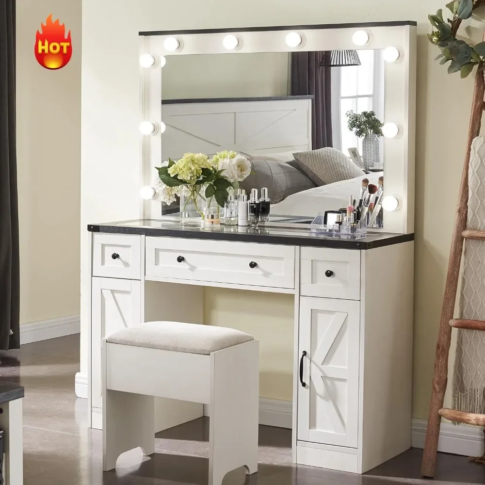 

Farmhouse Vanity Desk With Hollywood Makeup Mirror - Ample Storage Space With 3 Drawers & 2 Cabinets - Detachable Light Bulbs