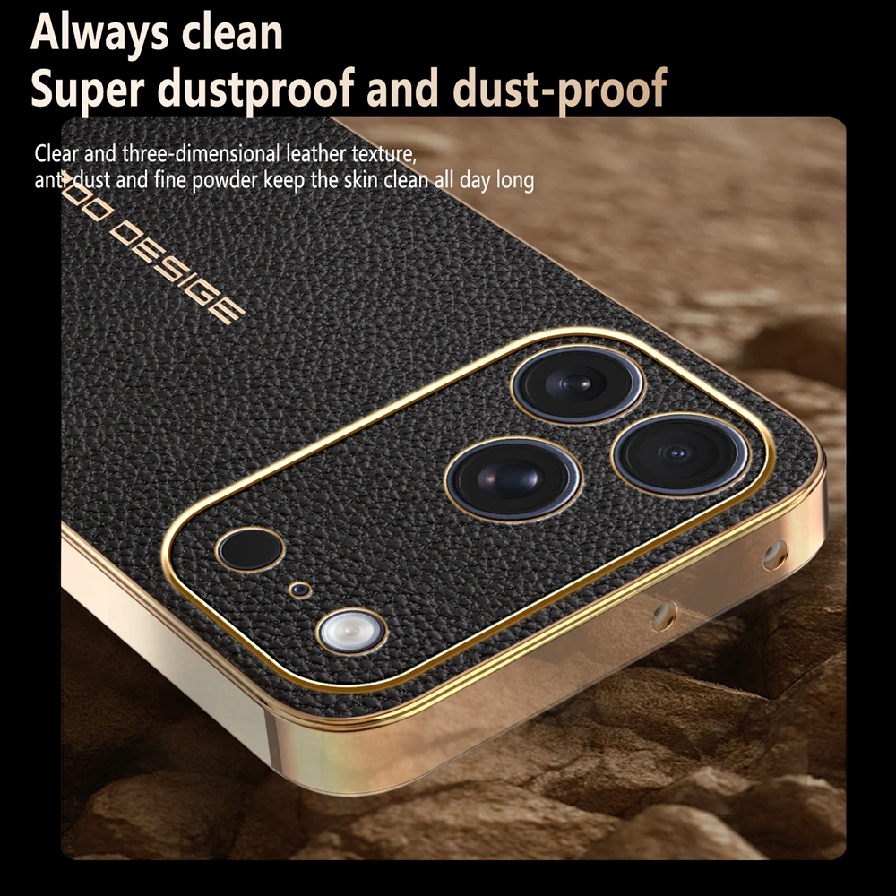 Luxurious Lychee Leather Electroplated Frame Shockproof Phone Case with Back Cover