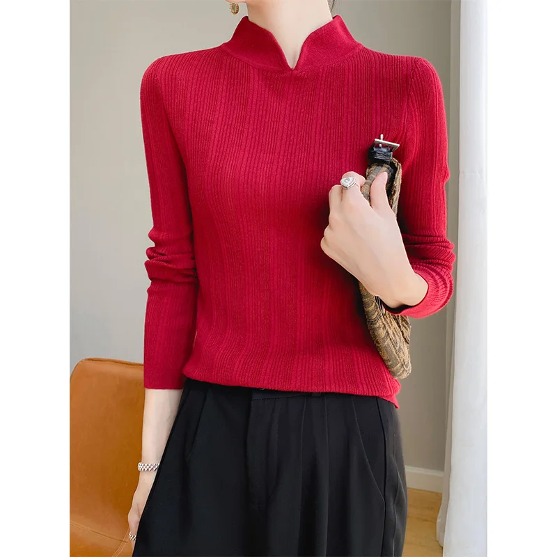 

2024 spring and summer womans clothing knit pullover sweater Chinese collar slim short sleeve Korean fashion sweater knit top