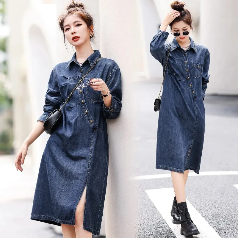 【韓国ブランド】ハイベルト風ボタンミディワンピースN149 Denim Dress Women 2023 New Korean Retro Temperament Loose