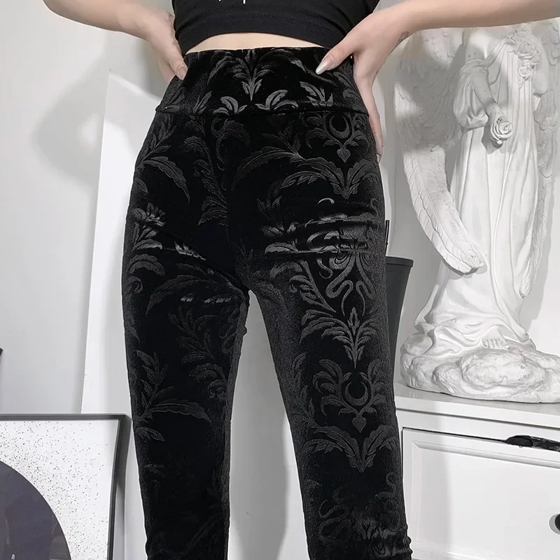 

Mall Goth Flocking Velvet Women Pants Women Dark Gothic Harajuku Streetwear 90s High Waist Slim Aesthetic Skinny Leggings Punk