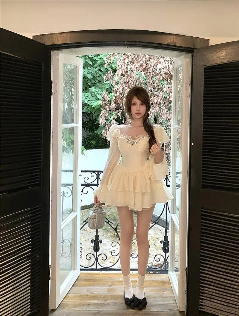 Y2K Black Short Dresses for Women Diamonds Square Collar Flare Sleeve High Waist A-line Birtheday Party Dress Prom Mini Vestidos