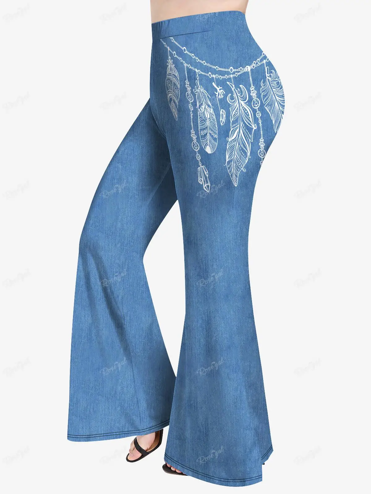 ROSEGAL Plus Size 3D Jeans Print Flare Pants Women Spring,Summer Elastic Waist Casual Trouser Mujer XS-5X Streetwear Bell Bottom