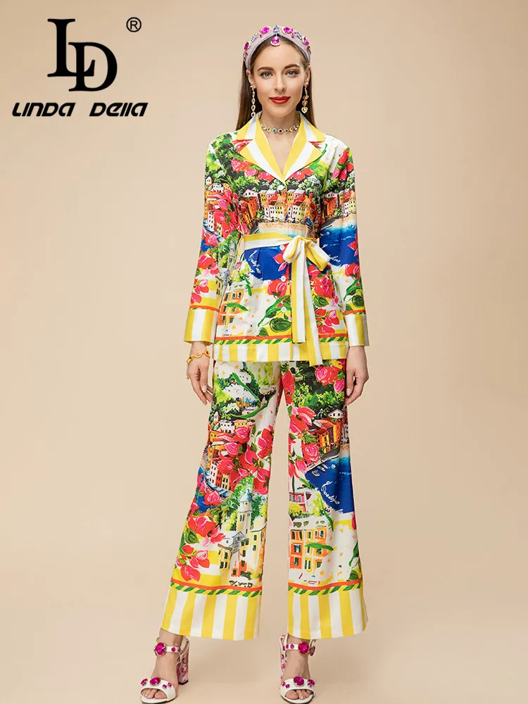 

LD LINDA DELLA 2023 Summer Fashion Designer Set Women Belt Print Streak Button Top+Elastic Waist Straight Trouser 2 Pieces Set