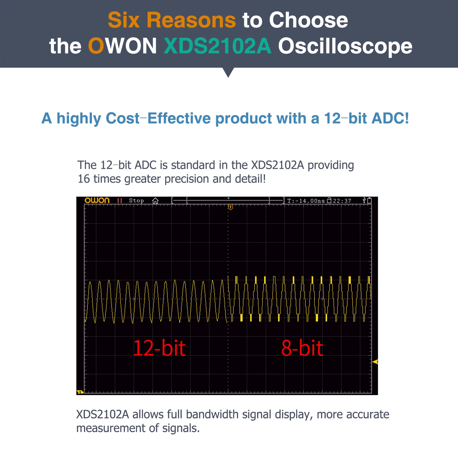 OWON XDS2102A Digital Oscilloscope 100MHz 1GS/s 2 Channels+1External 20M Record Length 12-bit High Resolution ADC and 8 inch LCD 2