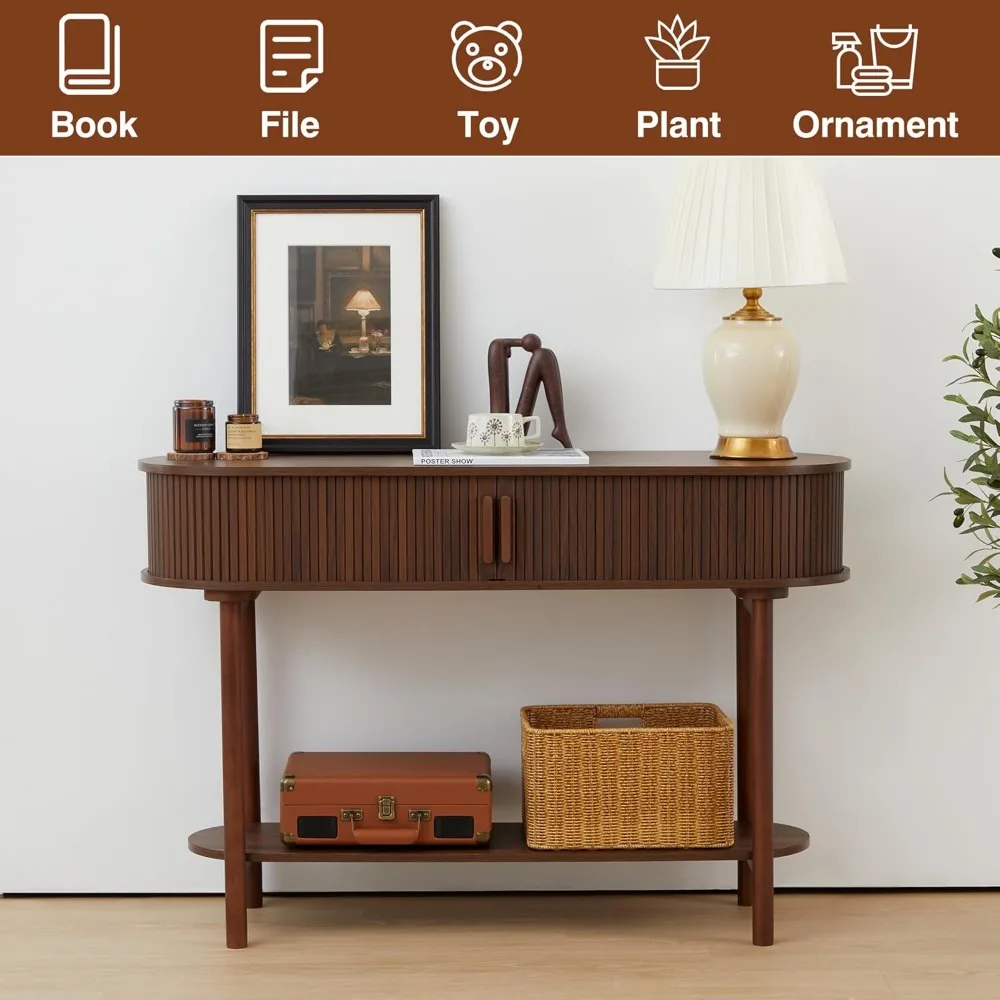 Fluted Console Table, Modern Entryway Table with Tambour Sliding Door, 2-Tier Sofa Table with Storage, Side Table Behind 5