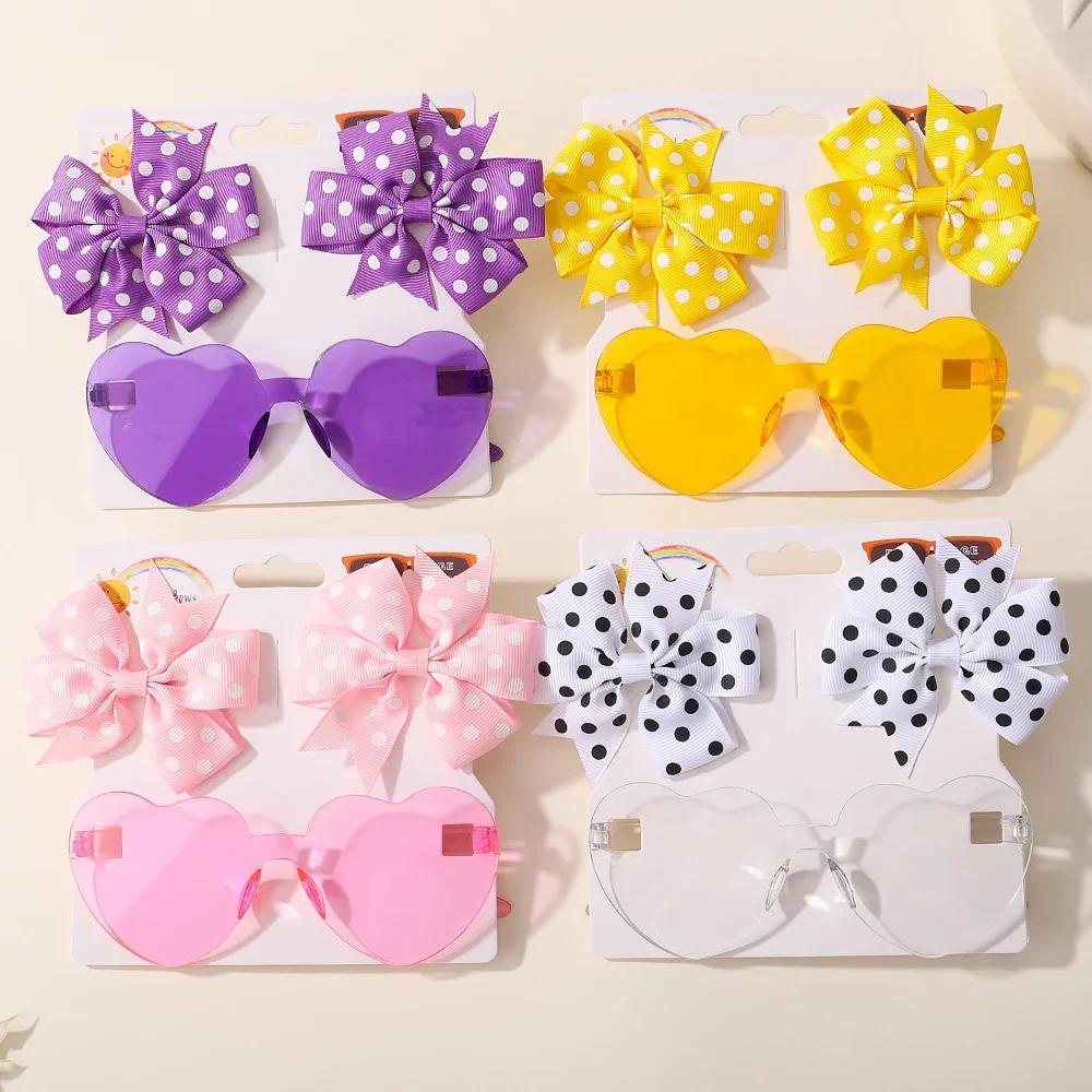 Kids Cute Solid Dot Hairpin hair accessories hair clips 3Pcs/set Colorful Heart Sun Glasses Set Girls Boutique Bowknot Hair Clips Children Hair Accessories