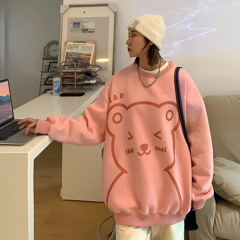 Fashion Cartoon Bear Couple Clothing Sweatshirts Harajuku Design Personalized Pullovers New Autumn Winter Loose O-Neck Warm Tops