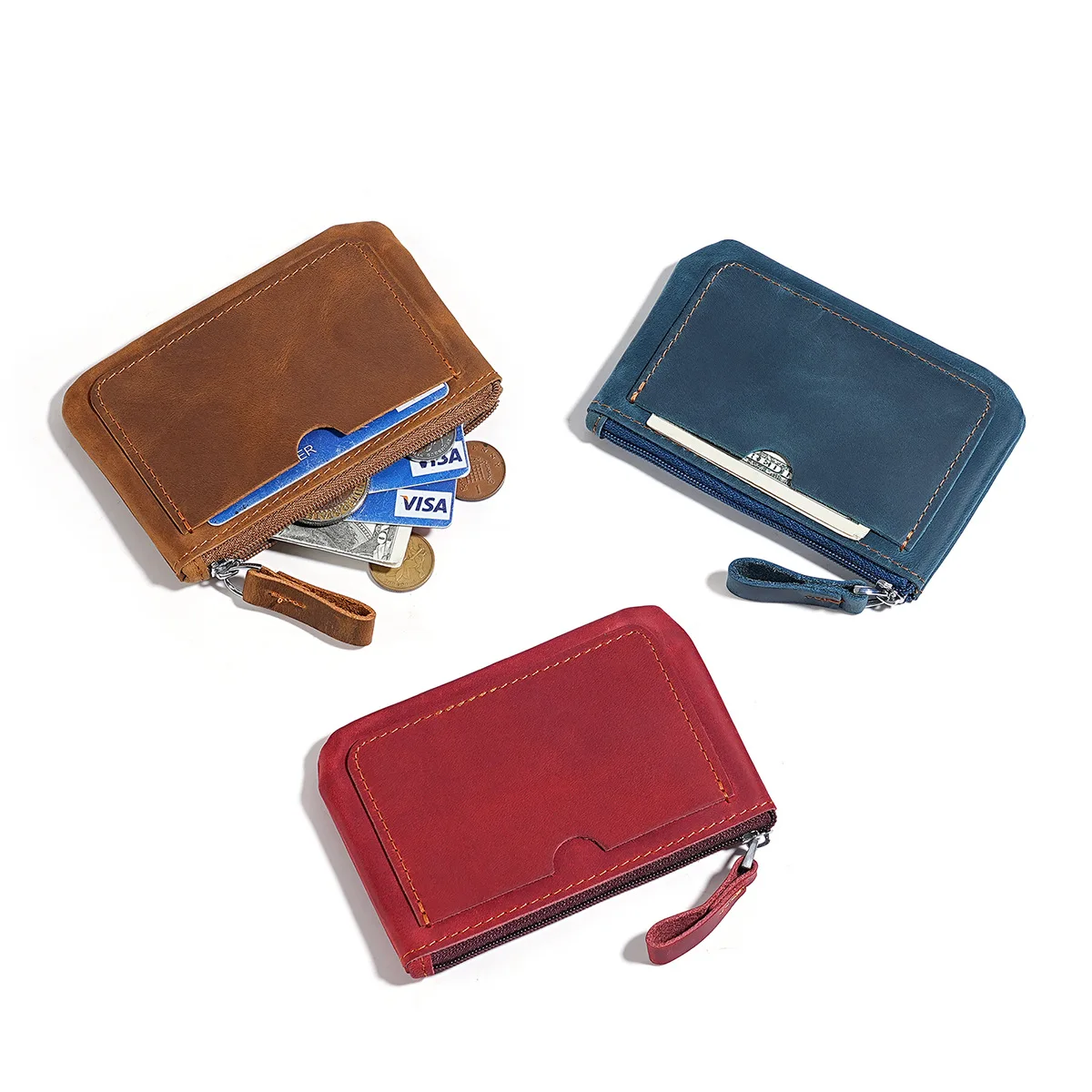 Genuine Leather Coin Purse Pouch for Women Men Vintage Cowhide Slim Mini Wallet Zipper with Real Leather Handle