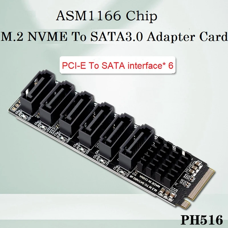 

2X PCIE To SATA 6Gpbsx6-Port Expansion Card+SATA Cable M.2 MKEY PCI-E Riser Card M.2 NVME To SATA3.0 ASM1166 Support PM