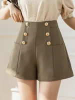 SMTHMA Casual Shorts For Women's 2026 New Summer High Waisted Shorts Versatile Gold Buttons Solid Wide Leg Pants - Image 4
