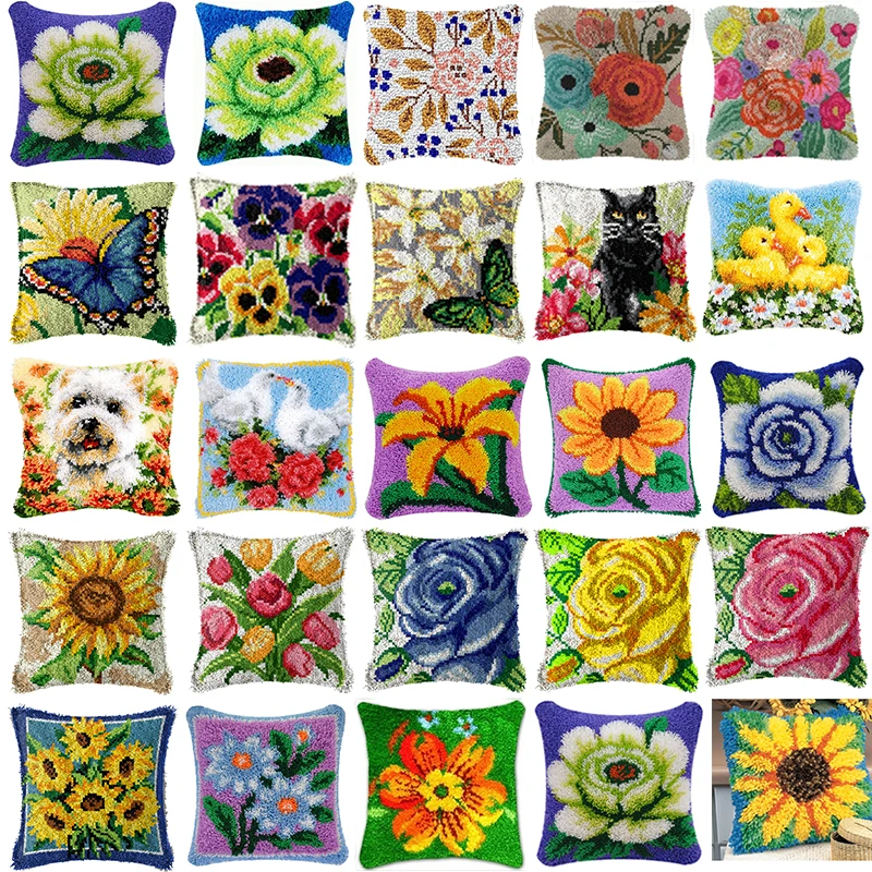 Beautiful Flowers Latch Hook Kits Smyrna Pillowcase Knot Pillow Package Plant Latch Hook Set for Needlework Embroidery Cushion
