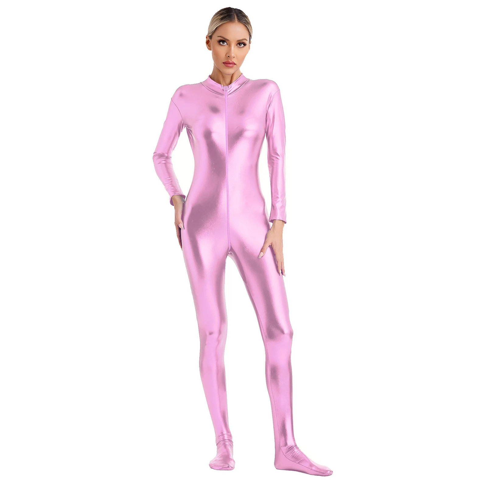 Gymnastics unitard Womens Metallic Shiny Zentai Jumpsuit Mock Neck Long Sleeve Zipper Full Body Unitard Tights for Gymnatics Performance Clubwear