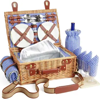 Wicker Picnic Basket Set for 4 Person with Cooler Compartment and Waterproof Picnic Blanket,Removable Strap,Wine Bag,Cutlery Set 1