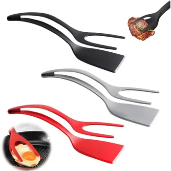 ​​1PC 2-in-1 Nylon Flip Tongs, Heat-Resistant Spatula for Egg Pancake Steak Fish - Non-Stick Kitchen Tool & BBQ Accessory