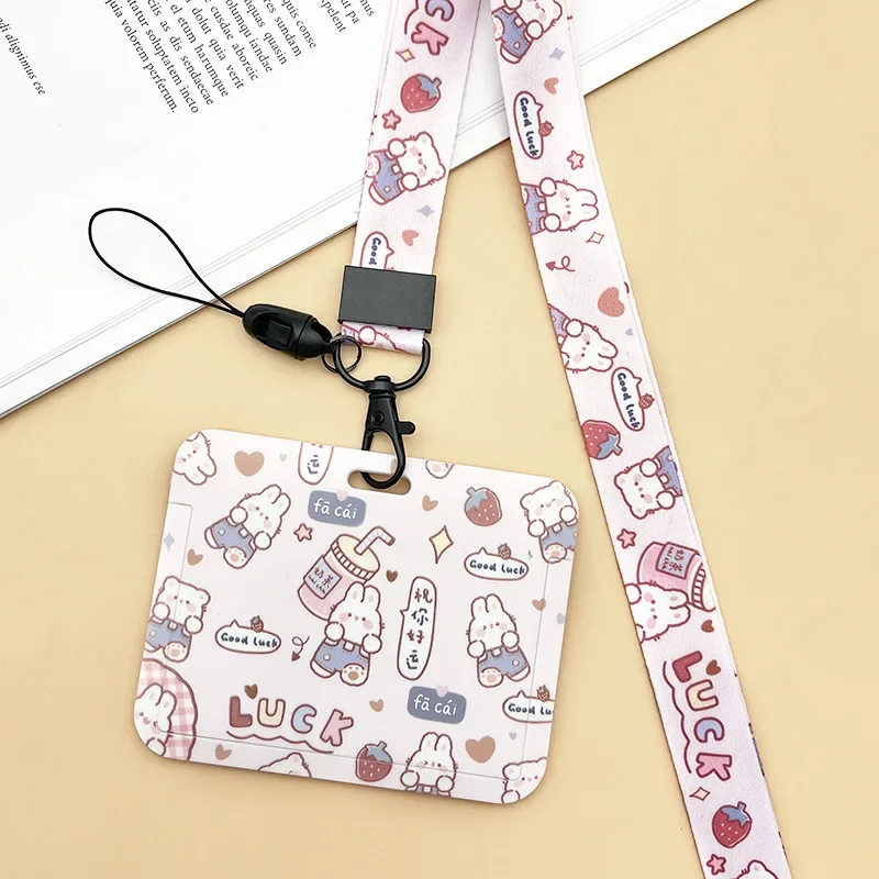 Horizontal Cute Cartoon Push Pull Card Covers Bus Card Sleeve Game Cards Case Credit Holder Lanyard Work Permit Holder