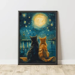 Van Gogh Starry Sky with Cat Art Print - Canvas Wall Decor, Frameless - 55x80cm Unframed (XD033 - 25)