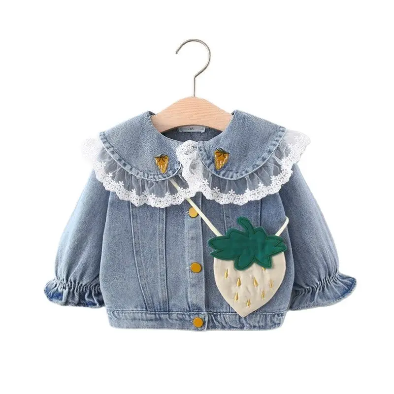 

Spring Baby Girls Long Sleeve Denim Jeans Lace Lapel Collar Strawberry Jackets Coats Children Kids Cardigans Outerwear
