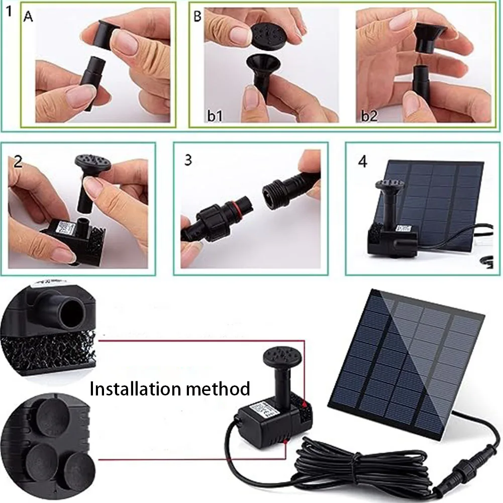 1.4W Adjustable Fountain Pump with 7 Nozzles Solar Waterfall Fountain Solar Panel Kit Water Fountain Decorative for Bird Bath