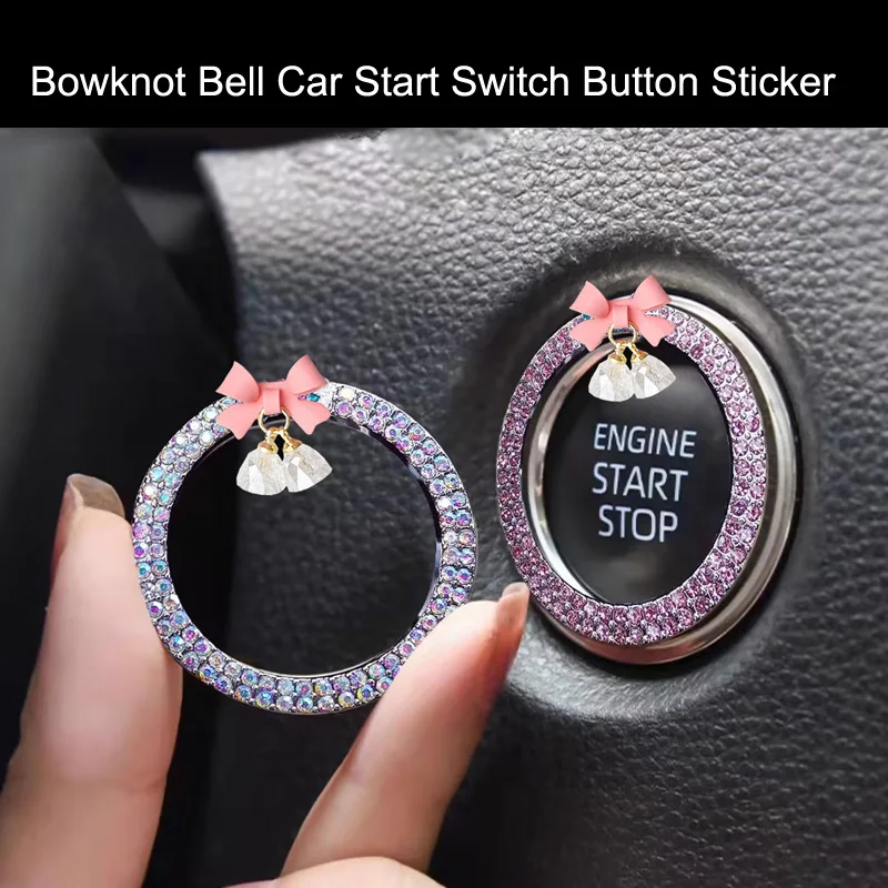 Rhinestone Bow Bell Car Start Switch Button Auto Decorative Diamond Stickers Ring Circle Trims Protective Cover Car Accessories
