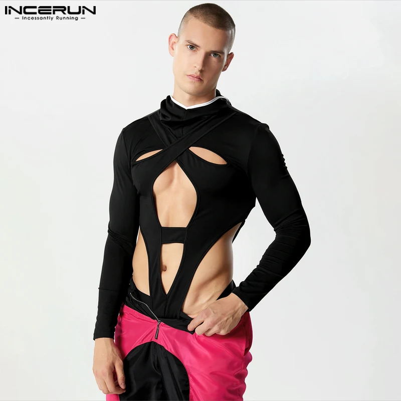 

INCERUN 2023 Sexy Mens Homewear Bodysuits Love Hooded Hollowed Deconstructed Design Rompers Triangle Long Sleeve Jumpsuits S-3XL