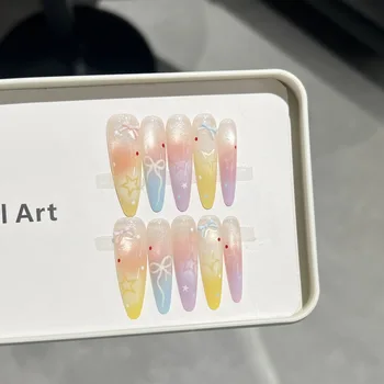 10PCS Cat Eye Long Almond Handmade Fake Nails Glitter Colorful French False Nails with Bowknot Blush Nail Art Wearable Press On