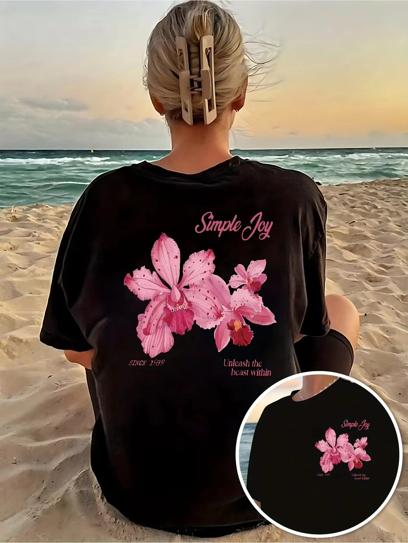 Women's Pink Orchid Print T-Shirt Sleeve Round Neck Top Summer Style T-shirt Comfortable Women's Clothing Top Aesthetic Clothes 1
