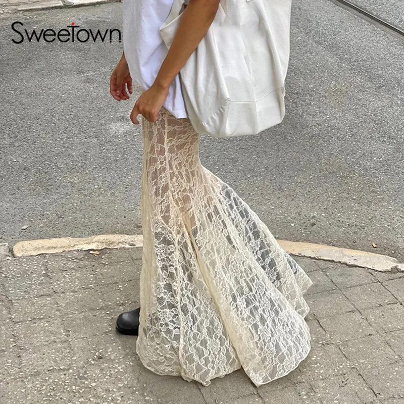 

Sweetown Two Layer Lace Trumpet & Mermaid Long Skirts For Women Vintage Elegant Fashion High Waist Skirt Holiday Outfits