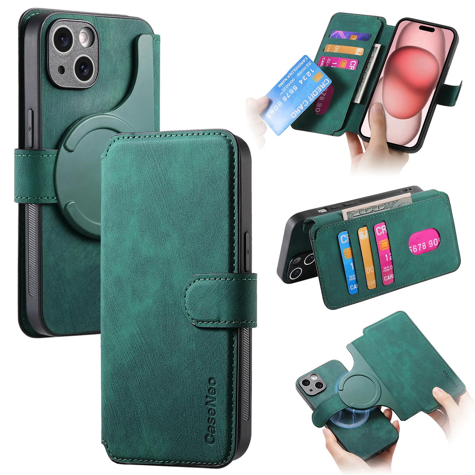 RFID Blocking Leather Case with MagSafe Wallet and Wireless Charging Compatibility