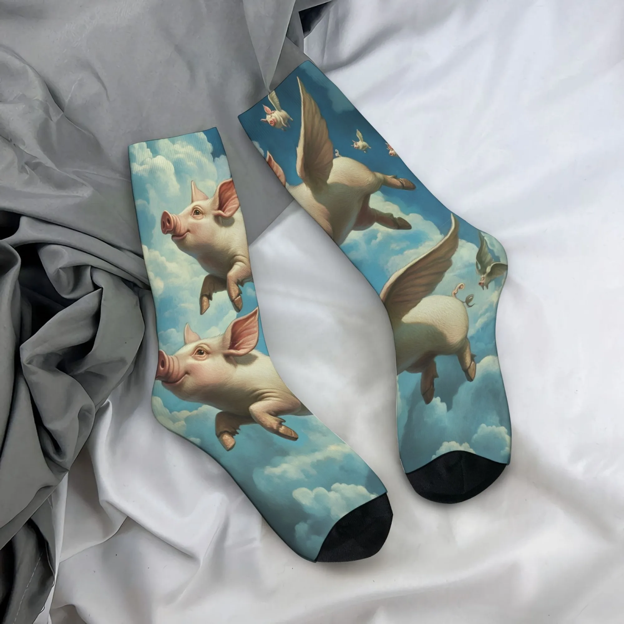 Men's Cartoon Flying Pig Print Socks - Comfortable, Breathable, Non-Slip Fun Gift for Parties