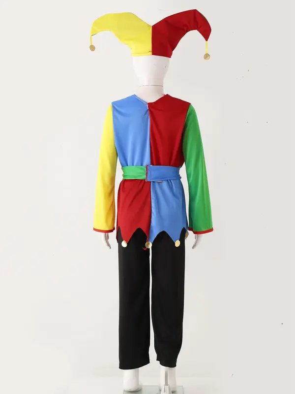 Girls Boys Clown Cosplay Costume Colorful Patchwork Circus Clown Dress with Hat Pants Halloween Carnivals Performance Outfit - Image 4