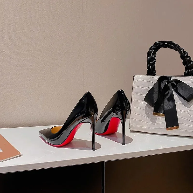 New 2024 Autumn Black Patent Leather Pointed Women's High Heels Sexy Women's Dresses Slim High Heels 2