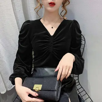 Manica lunga a pieghe con scollo a V Solid Office Top Primavera Autunno Slim Semplicità All-match Moda T-shirt Casual Trend Abbigliamento donna 1