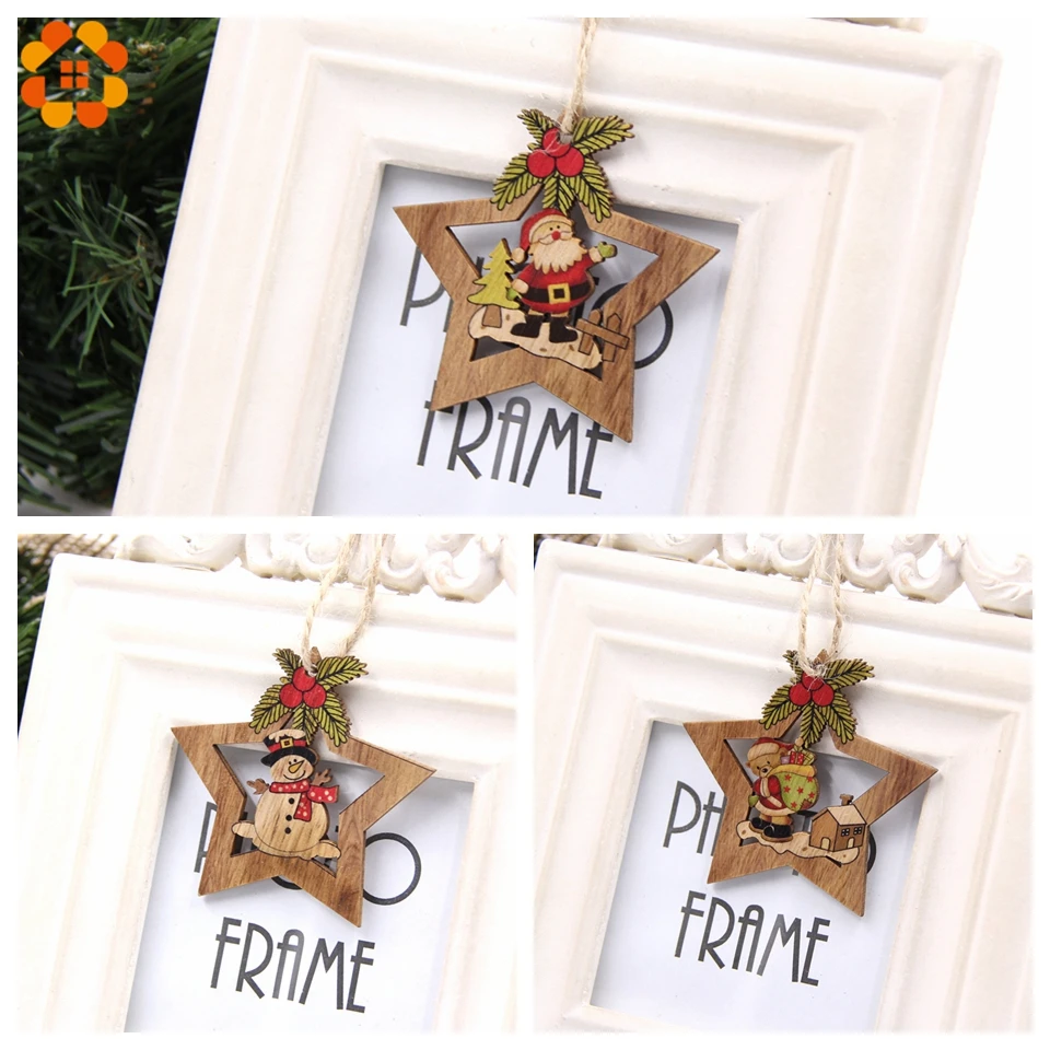 Christmas Decorations 4PCS Christmas Star Wooden Pendants Ornaments Xmas Tree Ornament DIY Wood Crafts For Home Christmas Party