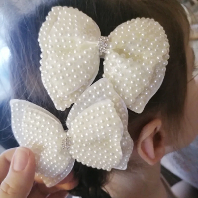 White Pearl Hair Bows With Hair Clips For Girls Kids Boutique Layers Bling  Rhinestone Center Bows Hairpins Hair Accessories