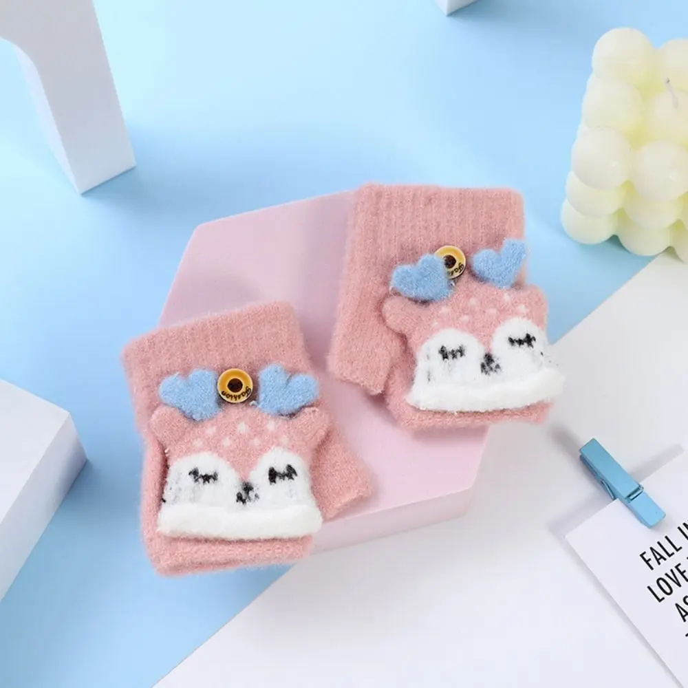Winter Children Gloves Cute Flip Warm Mittens Fluffy Thick Boy Girl Cartoon Kids Half-finger 0-3Years Old Writing Soft Glove 3