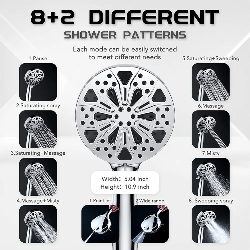 Description Picture 4 of itemHandheld Shower Head 10-Mode 5.1”High Pressure Shower Head Built-in 2-Mode Power Wash Spray Bathroom Faucet Replacement Parts