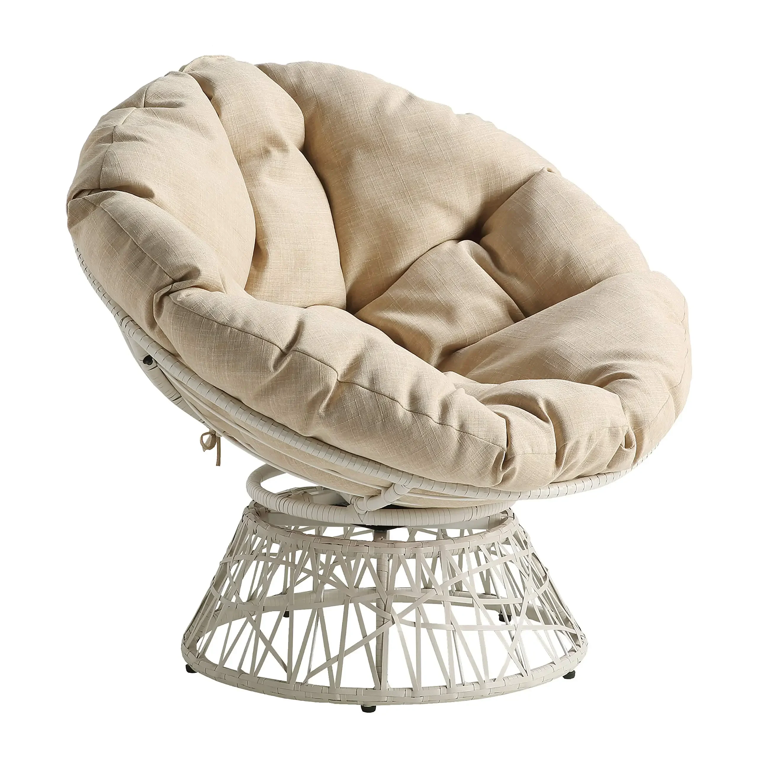 Outdoor Furniture Wicker Papasan Chair 360-Degree Swivel, White Frame with Cushion Round Oversized Pad Reading Chair