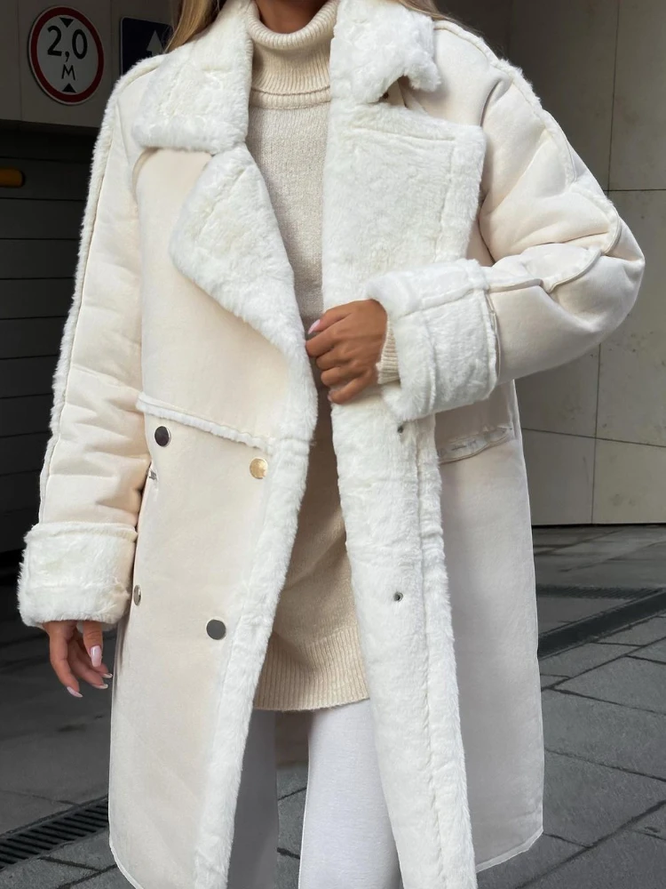 

Fitaylor Autumn Winter Women Faux Lamb Wool Suede Leather Jacket Casual Loose Double Breasted Long Chamois Leather Outwear