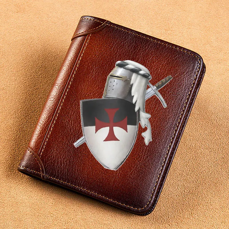 Vintage Brave Temple Knight Cover Genuine Leather Men Wallets Short Card Holder Purse Trifold Men's Wallet BK3898