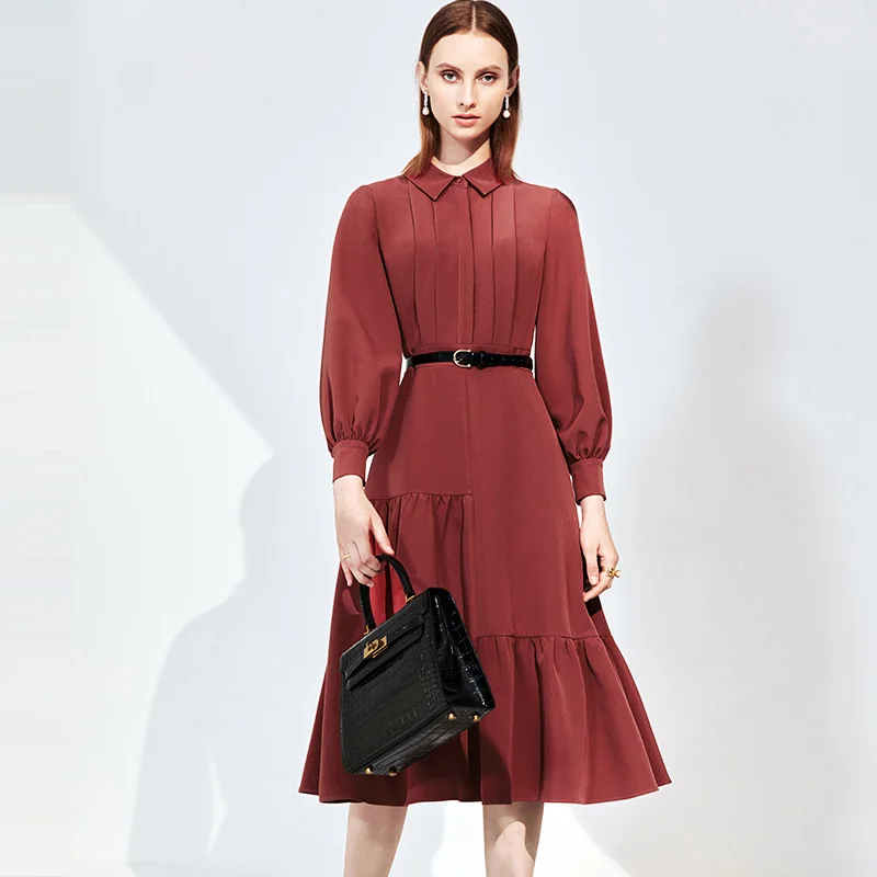 

High end Hepburn dress autumn new women's French temperament lantern sleeve shirt skirt