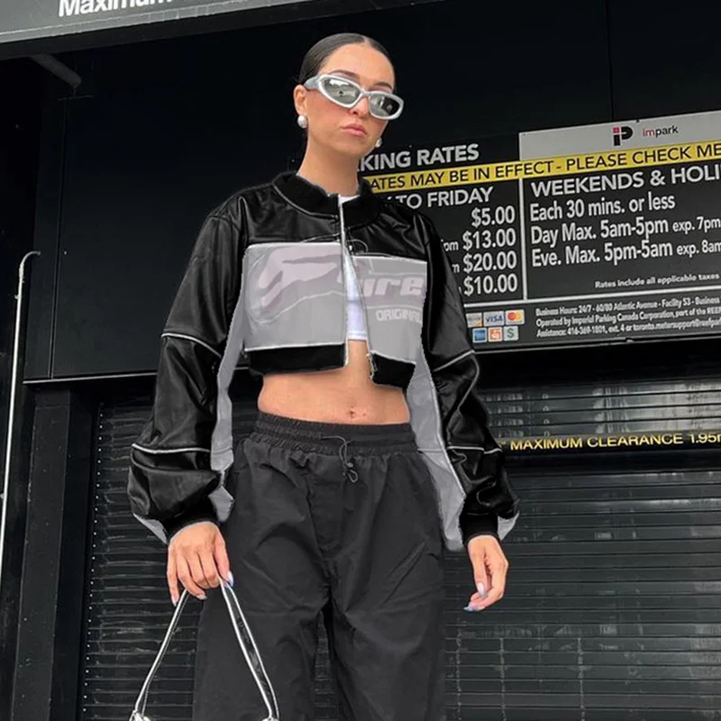 

Leather Jackets Tops American Motorcycle Patchwork Letter Printed Coat Outerwear Women Loose Stand Neck Zipper Short Jacket