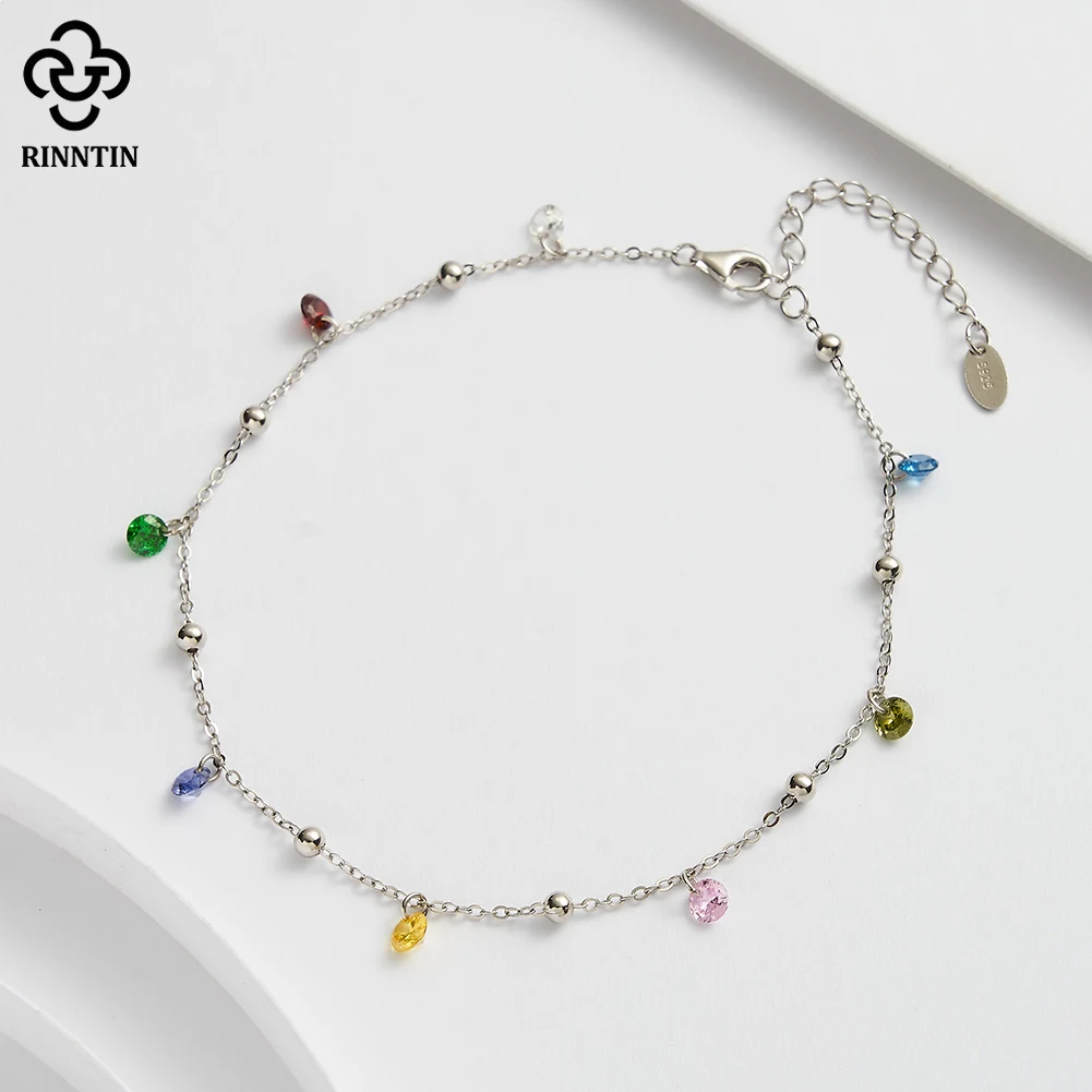 Silver Anklets Rinntin Genuine 925 Sterling Silver Chain Anklets with Colorful Cubic Zirconia for Women Fashion Ankle Bracelets Jewelry SA93