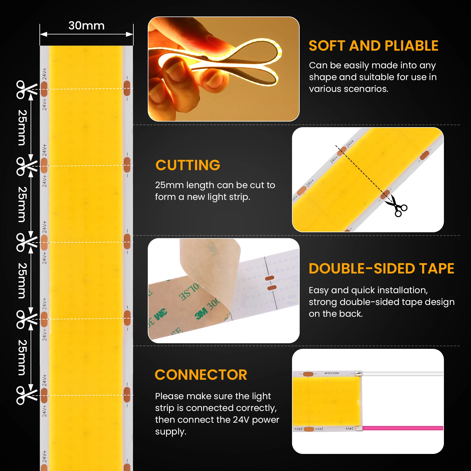 Description Picture 6 of itemUltra Bright COB LED Strip 24V 1600LEDs/m High Density Flexible Dimmable LED Light 30mm PCB Width COB Strip 3000K 4000K 6000K