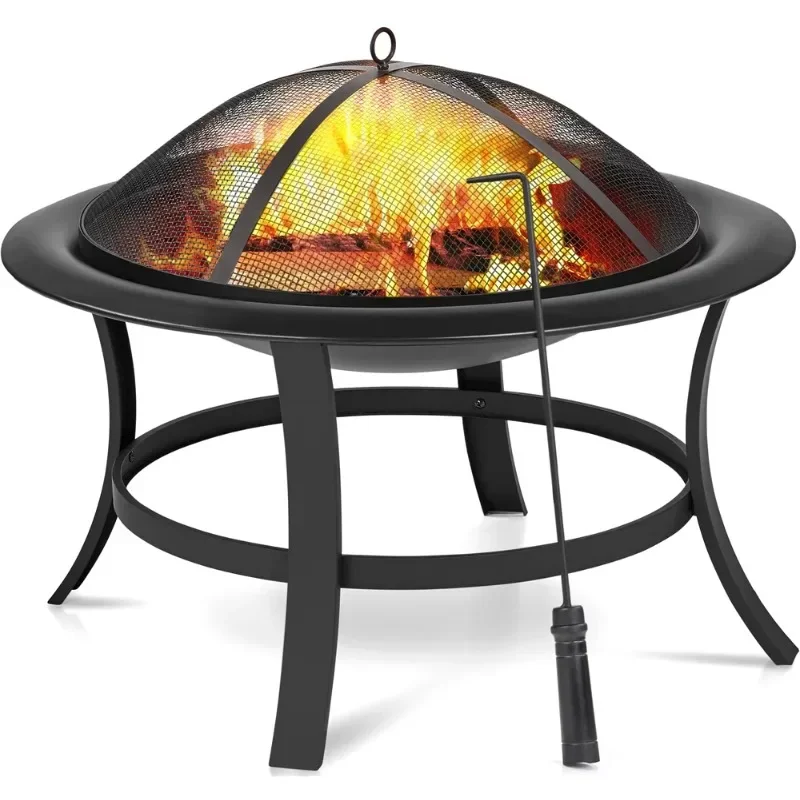 

Easyfashion 29'' Round Iron Fire Pit with Spark Screen Fire Poker, Black Outdoor Fireplace